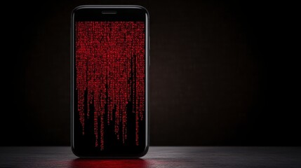 Smartphone Screen Displaying Red Code Digital Data Stream Cybersecurity