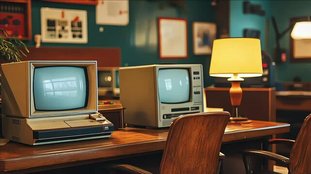 A retrofuturistic 70s office with vintage computers and CRT monitors
