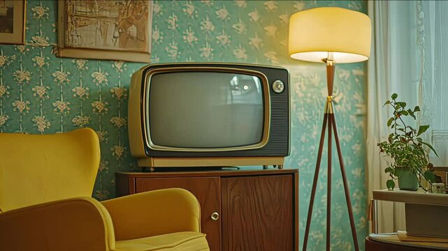 Analogue old vintage retro style TVset, yellow armchair, floor lamp near wallpaper wall art deco style living room. Media services, new digital world, end of analog devices, streaming services concept