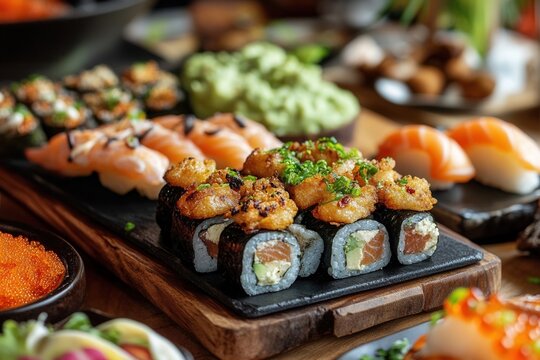 Delicious sushi assortment on wooden board, including salmon nigiri, maki rolls with shrimp tempura and avocado, and various other sushi pieces.
