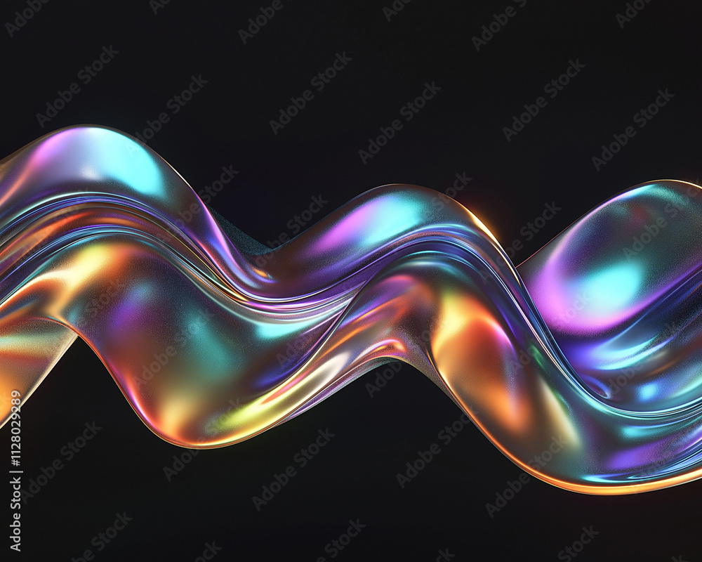 Poster 3d render of a fluid holographic abstract shape on a black background, featuring a metallic liquid w