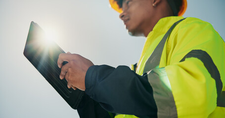 Hands, engineer and outdoor with tablet for inspection, maintenance and low angle with app in sunshine. Person, technician and digital touchscreen with review, feedback and construction in Costa Rica