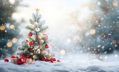 Obraz premium Christmas tree with decorations on snow in a winter landscape