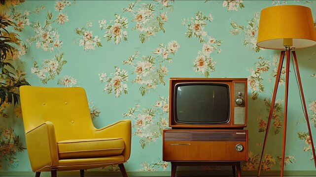Analogue old vintage retro style TVset, yellow armchair, floor lamp near wallpaper wall art deco style living room. Media services, new digital world, end of analog devices, streaming services concept
