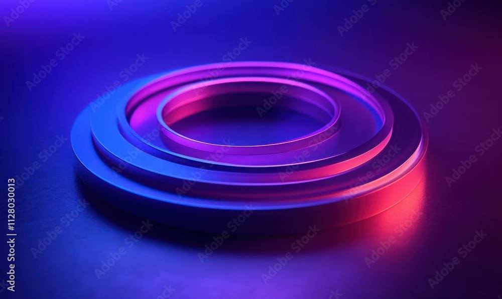 Poster minimalist futuristic logo design with concentric circular shapes in deep blue and violet gradients