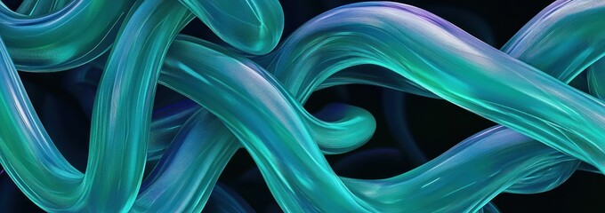 Abstract teal flowing liquid swirls on black background.