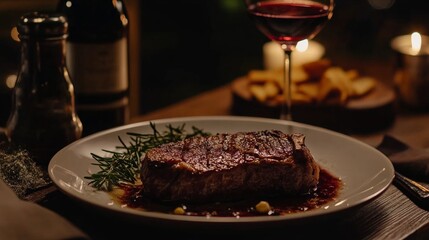 a steak on a plate and a glass of wine