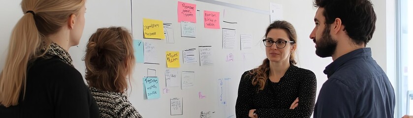 Team brainstorming around a whiteboard with a  Content Strategy  heading, collaborative and dynamic