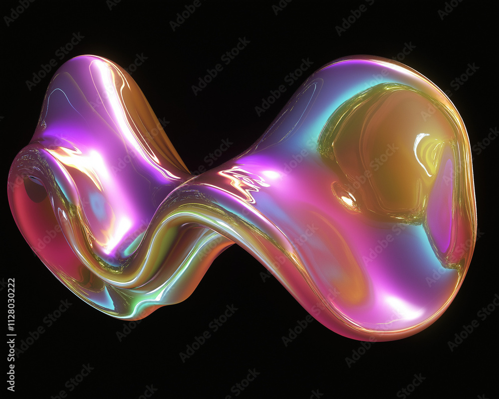 Poster 3d render of a fluid holographic abstract shape on a black background, featuring a metallic liquid w