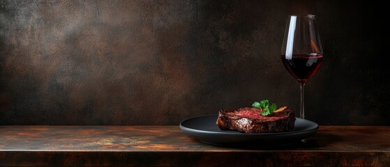 a steak on a plate and a glass of wine