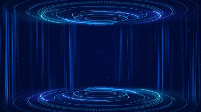 Digital high-tech hologram Technology blue circle light stage on futuristic HUD podium elements, hologram portal interface background. circle product presentation. virtual reality projector Portal 3D