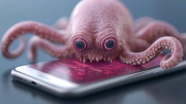 Cyber Security Threat Octopus on Smartphone Screen