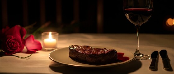 a steak on a plate and a glass of wine
