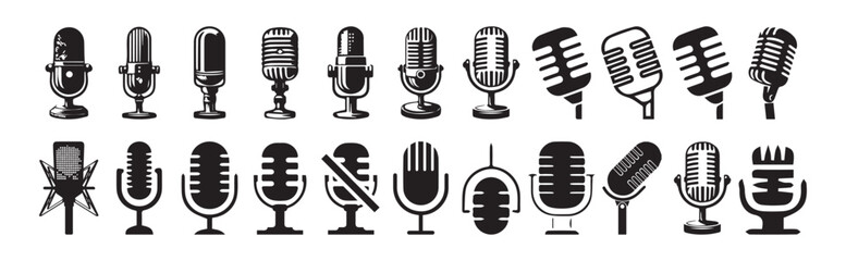 Microphone Icons set. variant microphone icon. Karaoke mic. Podcast microphone. web and mobile icons  Different microphone collection. Podcast mike, journalist microphone, karaoke. vector illustration