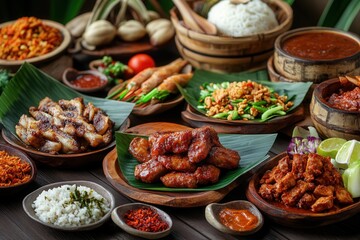 Diverse Indonesian cuisine feast with various dishes, rice, sauces, and spices arranged on wooden table.