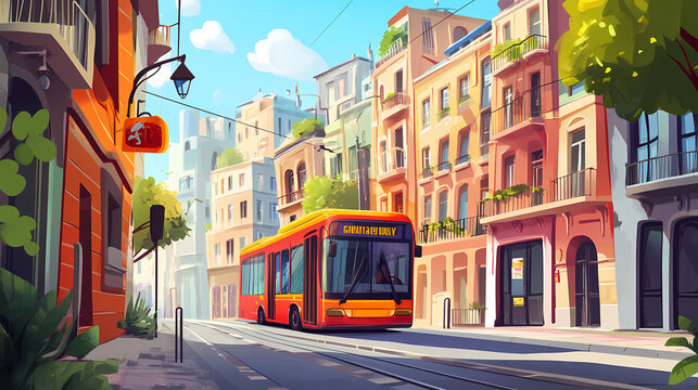 Charming cartoon city bus tour convector illusory. Illusory. Illustration