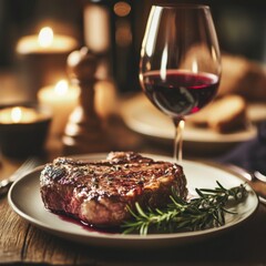 a steak on a plate and a glass of wine