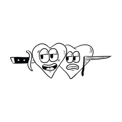 Hearts cartoon illustration featuring a stabbed heart with a knife, a humorous yet dark humor black and white line art perfect for tattoos or edgy shirt designs