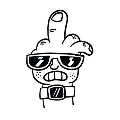 Quirky illustration of a finger-shaped character wearing sunglasses and a collar, exuding playful charm in black and white line art. Perfect for creative designs and doodle-style projects