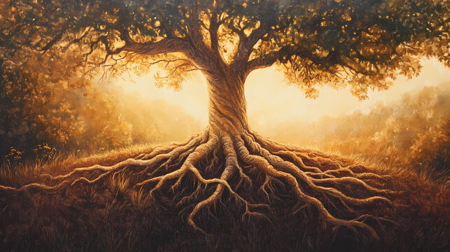 Close-up illusory painting of a tree with roots and branches intertwined at ground level during golden hour showcasing growth and connectivity. Illusory. Illustration