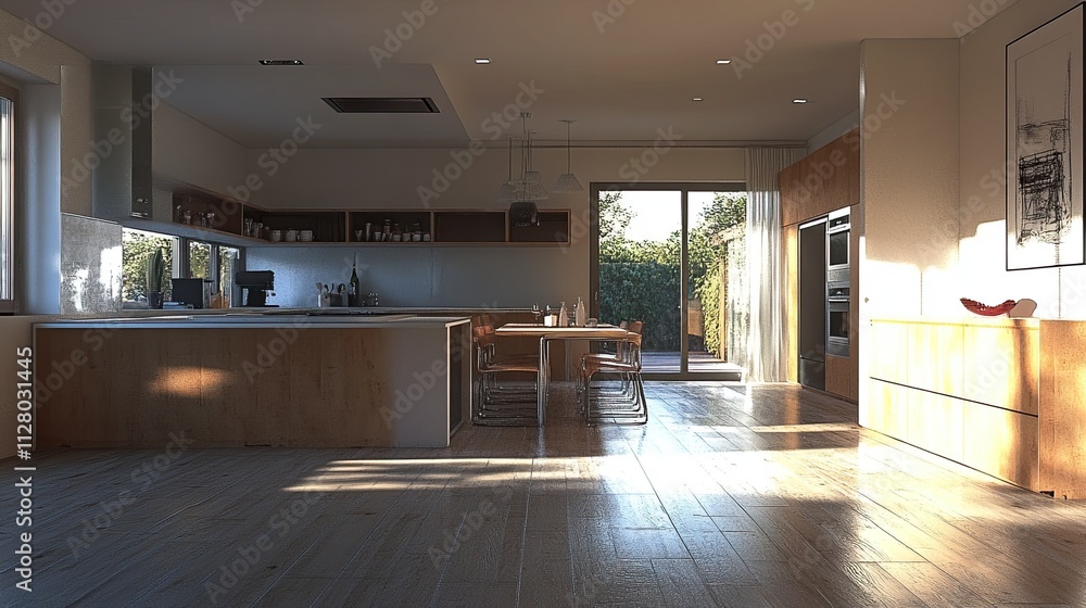 Poster a contemporary kitchen with a dining area and an empty wall. rendering in three dimensions.