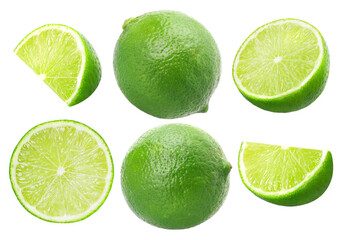 Natural fresh lime, half and slice isolated, transparent PNG, PNG format, cut out