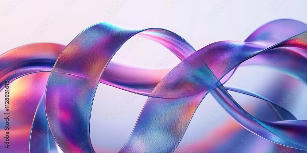 Poster abstract fluid ribbons in light background with iridescent colors and rounded lines