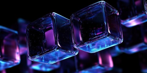 Futuristic Abstract Transparent Cubes with Neon Blue and Purple Lights on Black Background