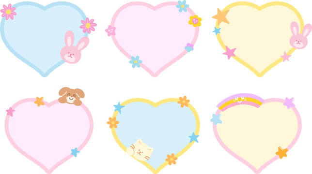 Cute vector illustration of cat, bunny, puppy, flower, star, rainbow with heart shaped blank space for name tag, text bubble, sticker, animal print, memo note, sticky note, notepads, paper design