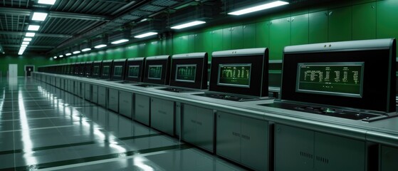 Fototapeta premium High-tech control room with computer monitors and green lighting.