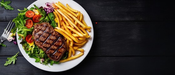 grilled beef steak with fries and salad on a white plate
