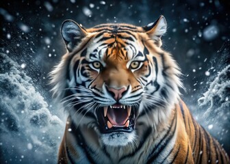 Sleek saber-tooth tiger, minimalist style.  4K animated loop, perfect for Vtuber backgrounds or wallpapers. Snowstorm effect.