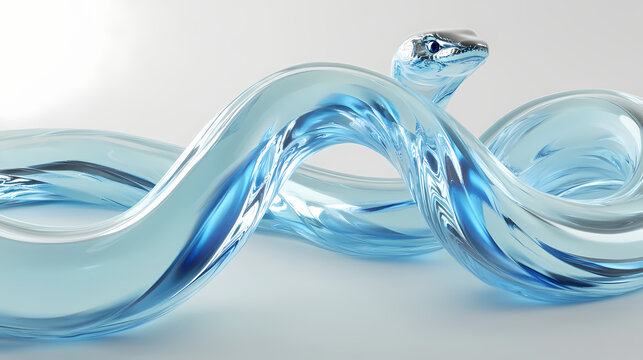 Glass snake and blue abstract form: a surreal 3d render. Illusory. Illustration