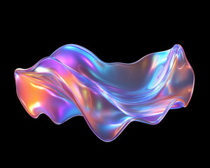 Obraz premium 3D render of a fluid holographic abstract shape on a black background, featuring a metallic liquid wave with a gradient effect. The shiny, wavy texture showcases vibrant, iridescent colors for a dynam