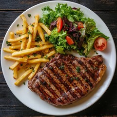 grilled beef steak with fries and salad on a white plate