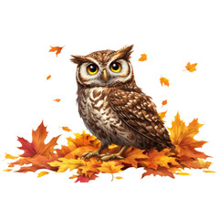 Obraz premium Owl Amidst Autumn Leaves on Transparent Background