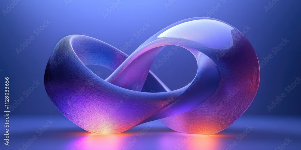 Poster modern abstract infinite loop sculpture with smooth curves and glossy finish in purple lighting