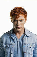 Obraz premium Headshot of red haired serious young male, dressed casually, with blue denim, isolated over white background 