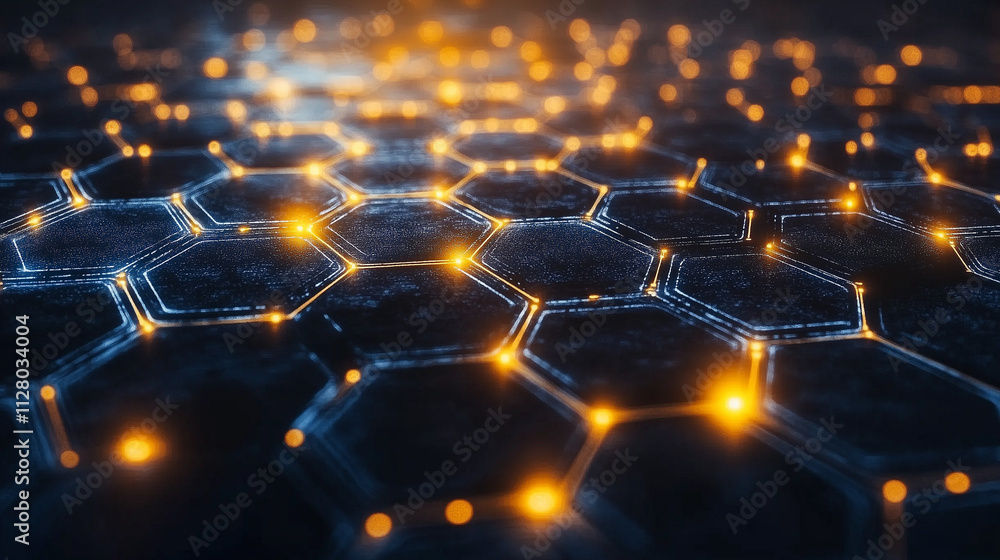 Aufkleber digital network: abstract image of a network of glowing hexagonal nodes, symbolizing connection, dat