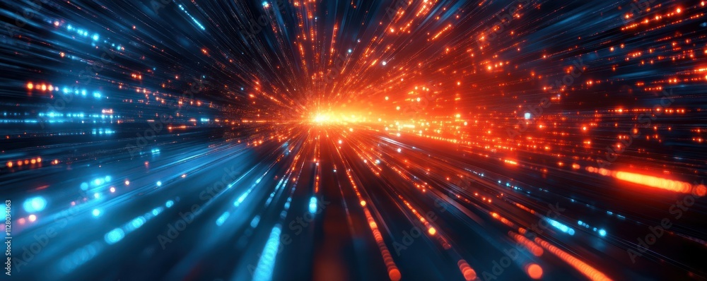 Poster futuristic cyber landscape with light trails for ai data transmission and digital workflow backgroun