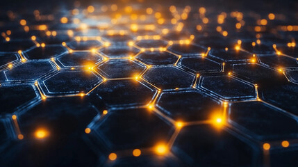 Digital Network: Abstract image of a network of glowing hexagonal nodes, symbolizing connection, data flow, and the digital world.  