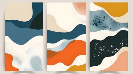 Obraz premium Abstract art with three colorful panels with wavy shapes in orange, blue, yellow and black.