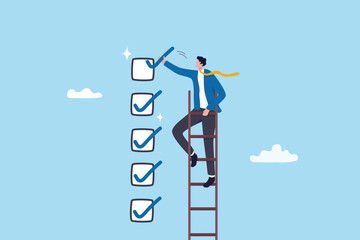 Criteria checklist report, evaluation list, complete checkbox, finish work, to do list or task done, quality assurance control, checkmark concept, businessman put tick on completion checklist.