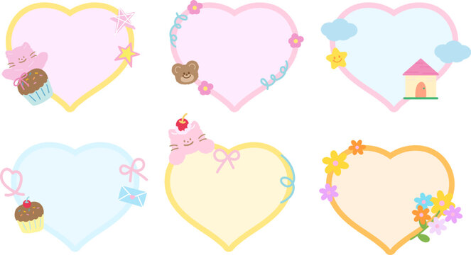 Illustrations of teddy bear, cat, cupcake, house, flowers with heart shaped blank space for name tag, text bubble, sticker, animal print, memo note, sticky note, notepads, paper design, post card 