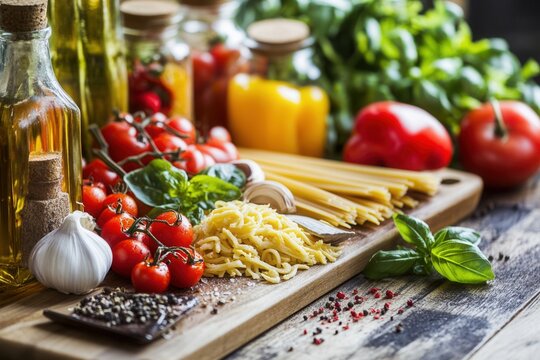 Fresh pasta ingredients tomatoes, garlic, basil, olive oil, and peppercorns on a rustic wooden board.