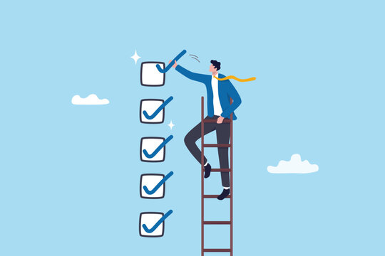 Criteria checklist report, evaluation list, complete checkbox, finish work, to do list or task done, quality assurance control, checkmark concept, businessman put tick on completion checklist.