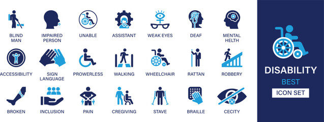 Disability best solid icon set collection. Blind, unable, weak eyes, deaf, mental health, accessibility, sign language, powerless, walking and vector illustration.