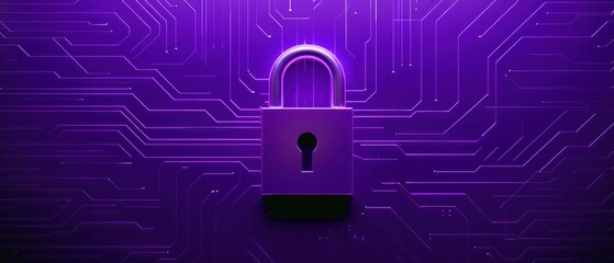 Digital padlock on a purple circuit background symbolizing cybersecurity and data protection.
