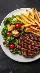 grilled beef steak with fries and salad on a white plate