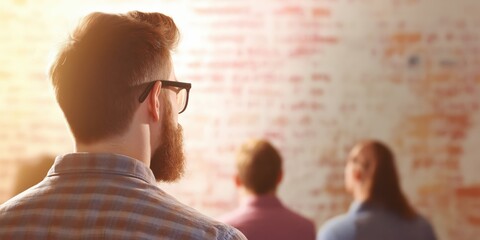 A thoughtful man with a beard observes a group engaging in a discussion, highlighting the importance of dialogue and connection in a dynamic learning environment.